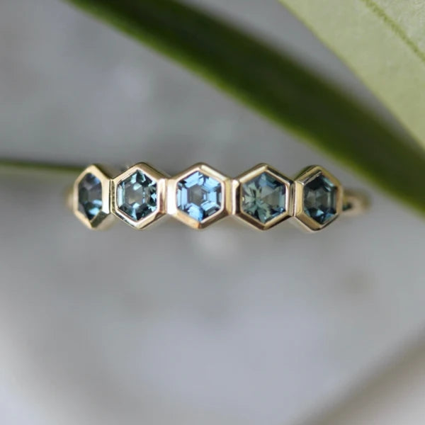 Firefly Teal Hexagon Cut Sapphire Ring
