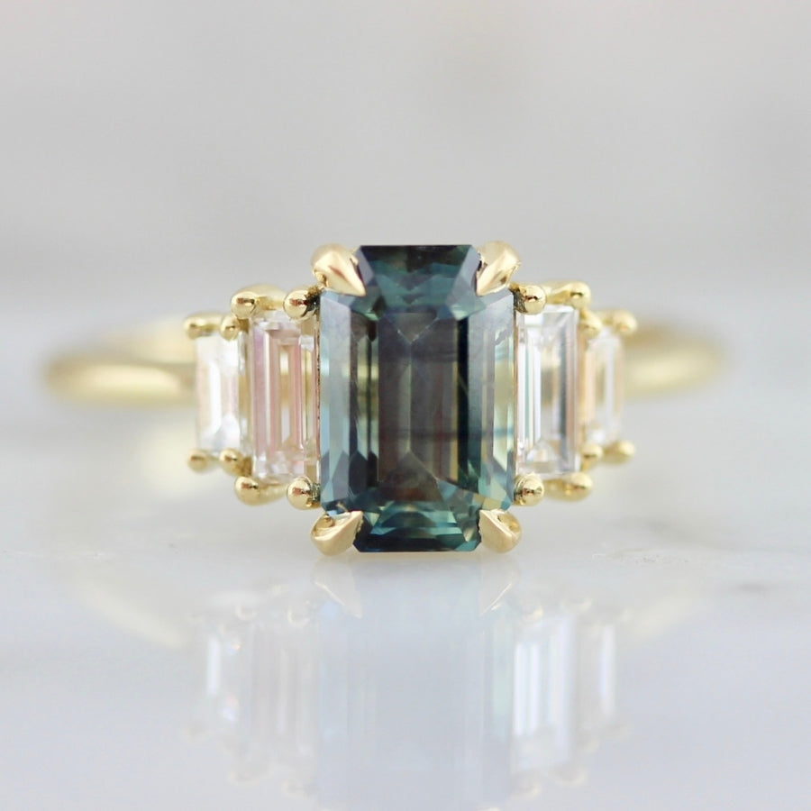 
            Garden Party Green-Teal Emerald Cut Sapphire Ring