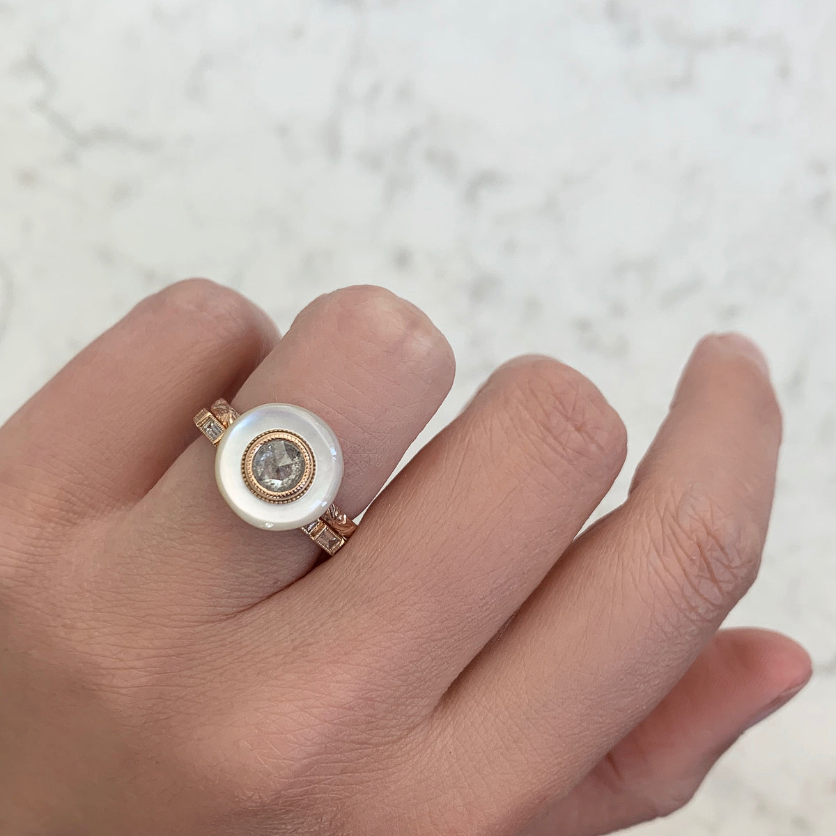 
            Nadine Mother Of Pearl &amp; Icey Round Rose Cut Diamond Ring in Rose Gold