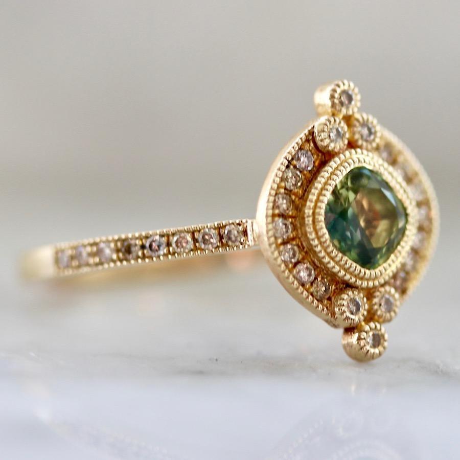 
            Emily Gill Ring Current Ring Size 7 Maggie Cushion Cut Green Sapphire &amp;  Diamond Ring
