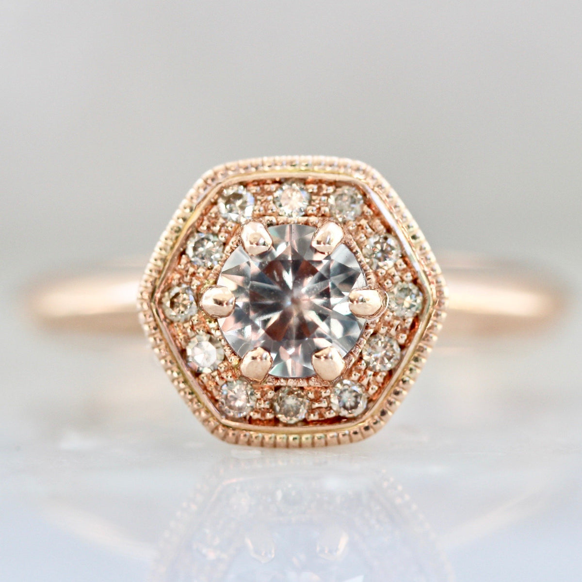 
            Emily Gill Ring Hattie Honeycomb Peach Sapphire &amp; Rose Gold Ring