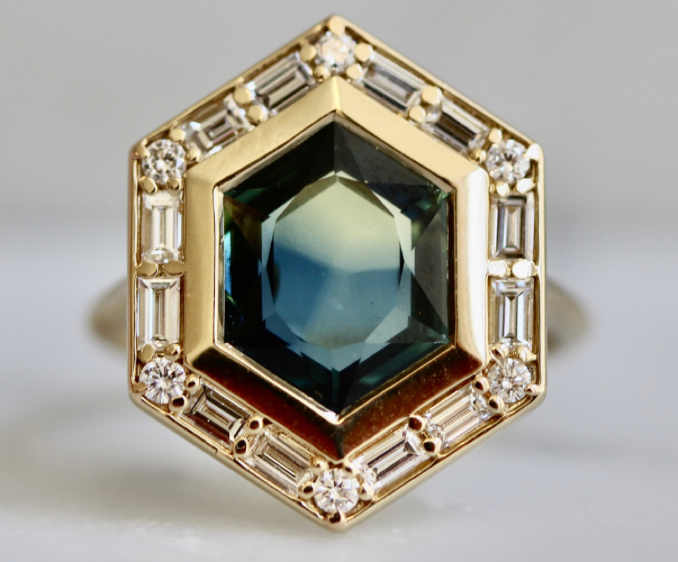 Hexagon cut green sapphire engagement ring by Gem Breakfast with gemstone cut by female gem cutter, Nadine Marshall