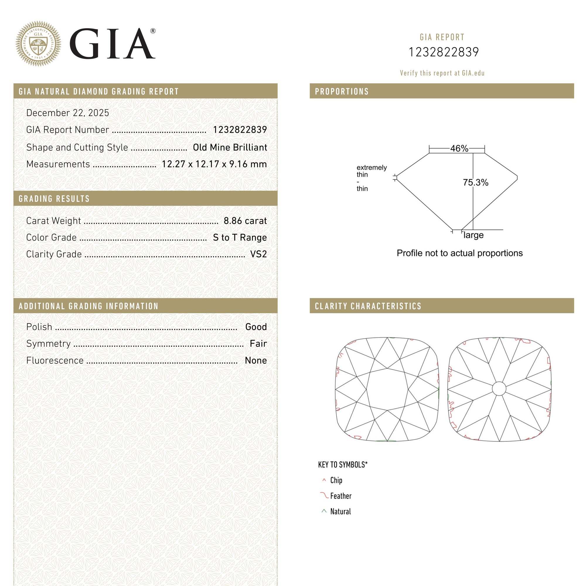 8.86ct 12.26x12.17x9.14mm GIA VS2 S-T Antique Old Mine Cut 27425-01