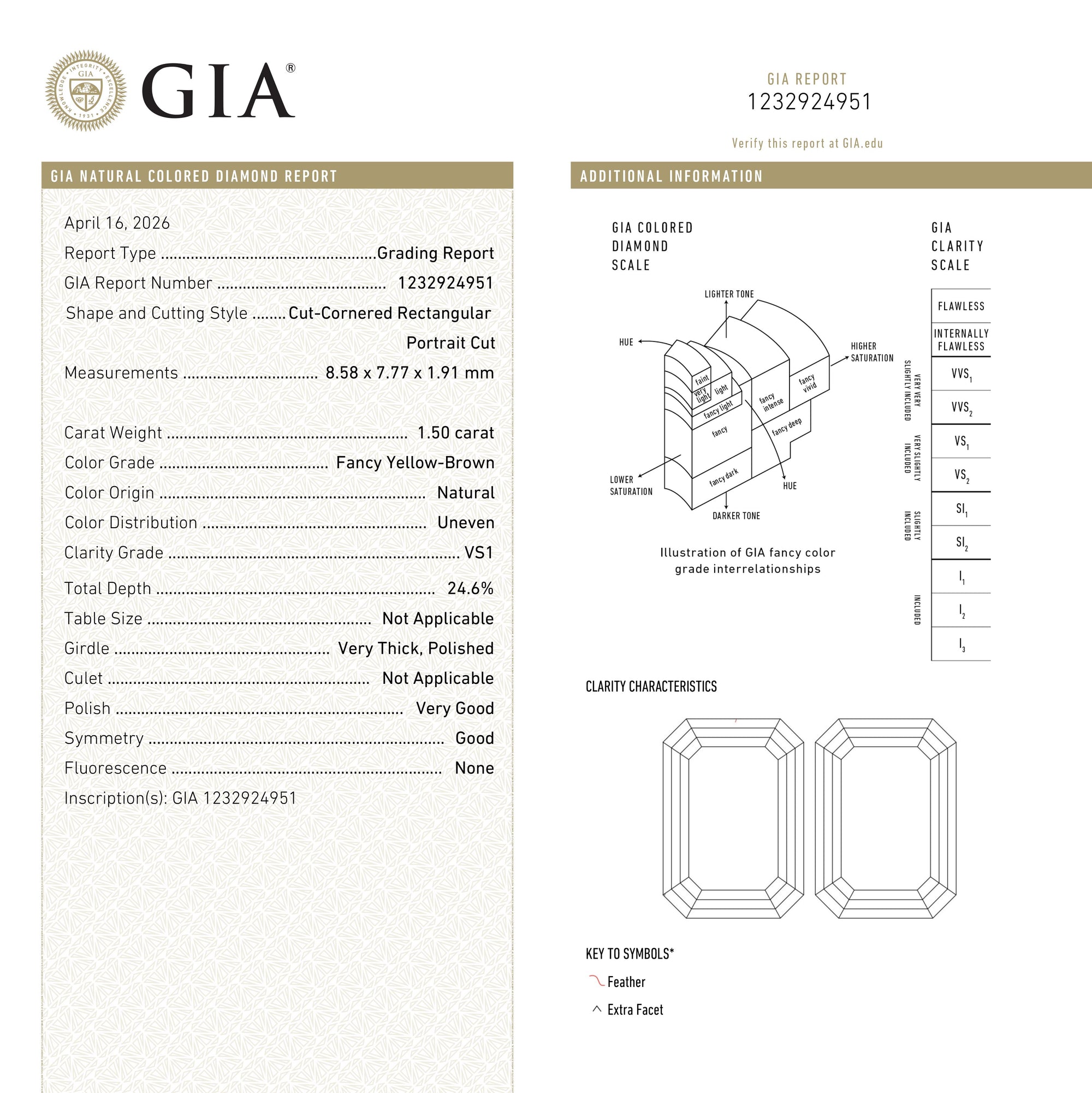 1.50ct 8.58x7.77x1.91mm GIA VS1 Fancy Yellow-Brown Cut Corner Rectangle Portrait Cut 28017-01