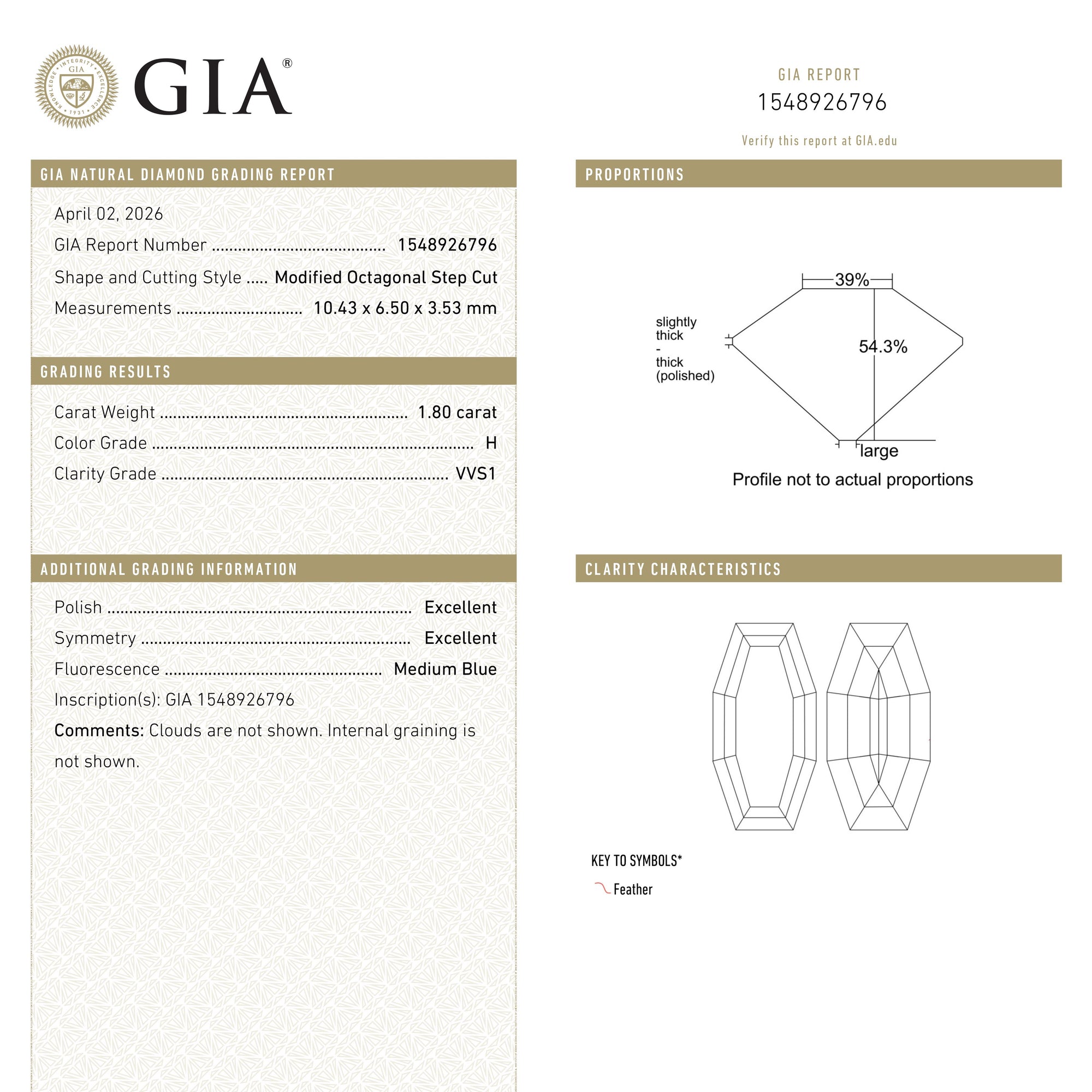 1.80ct 10.43x6.50x3.53mm GIA VVS1 H Cut Corner Rectangle Step Cut 28011-01