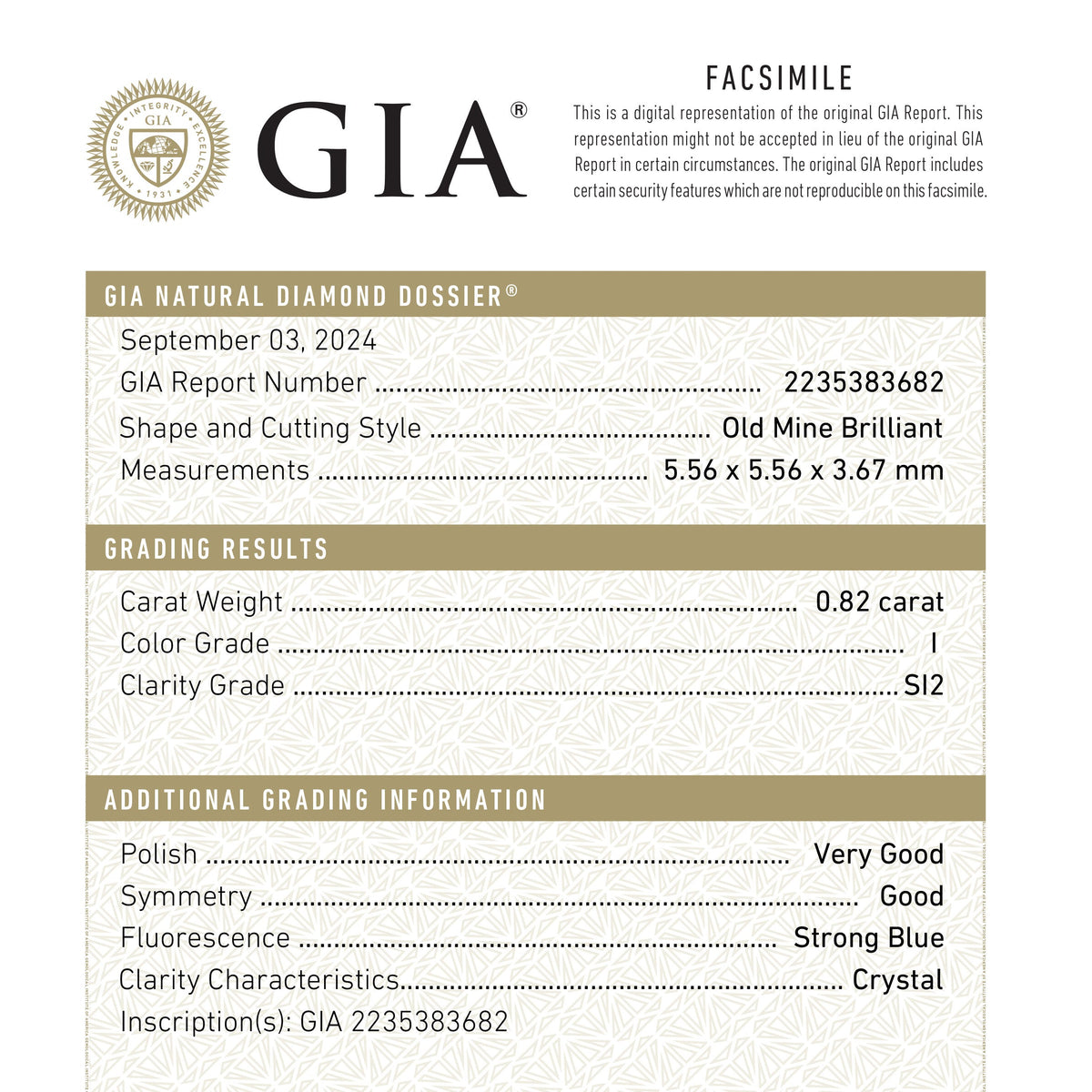 
            0.82ct 5.56x5.56x3.67mm GIA SI2 I Old Mine Cut 25357-01