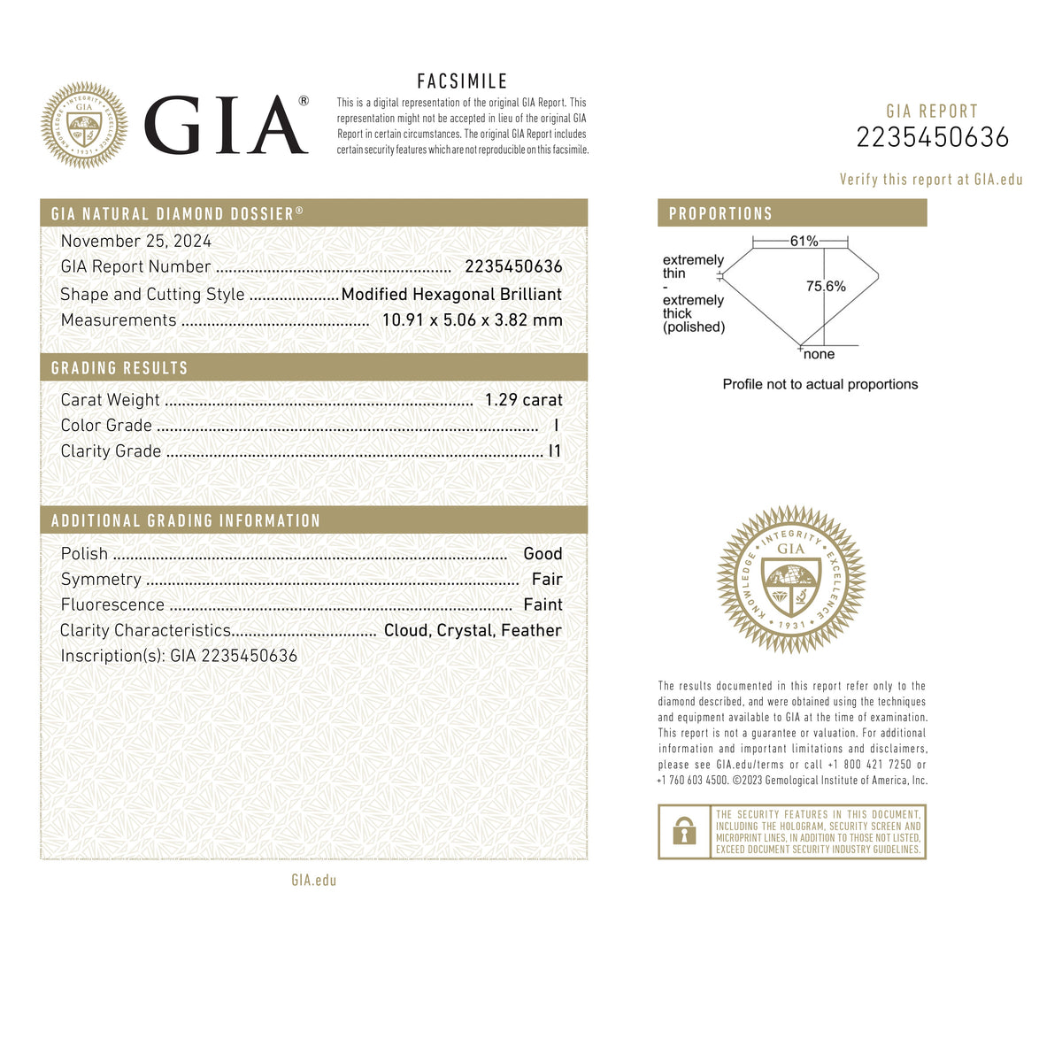 
            1.29ct 10.89x5.03x3.80mm GIA I1 I Hexagon Brilliant 25804-01