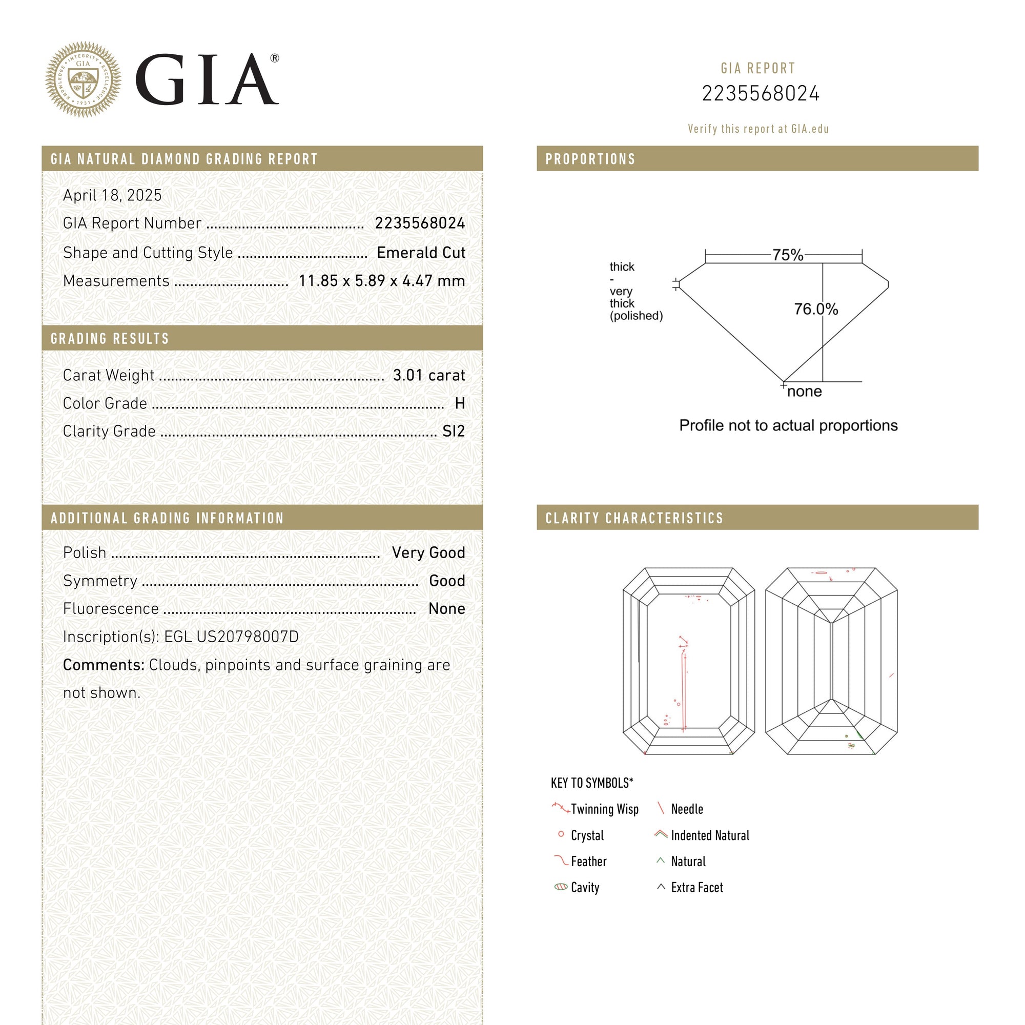 3.01ct 11.85x5.89x4.47mm GIA SI2 H Cut Corner Rectangle Step Cut 26478-01