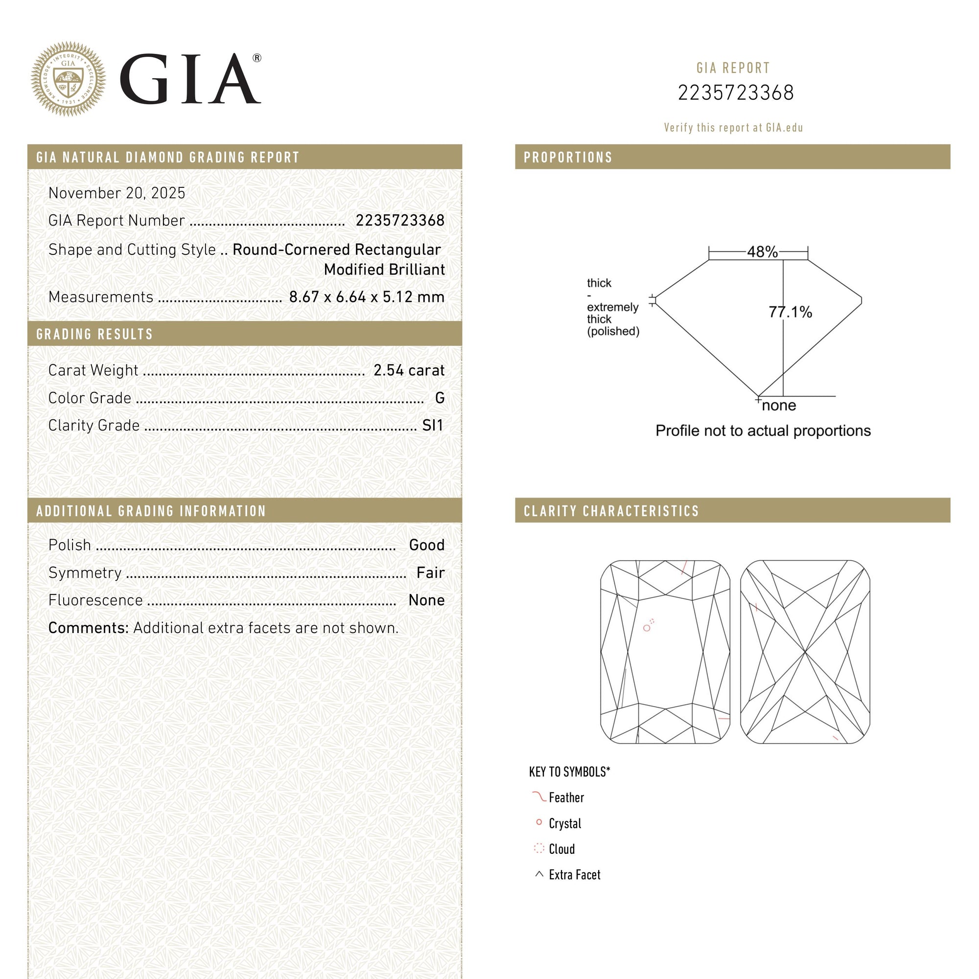 2.54ct 8.67x6.64x5.12mm GIA SI1 G Cushion Brilliant 27380-01