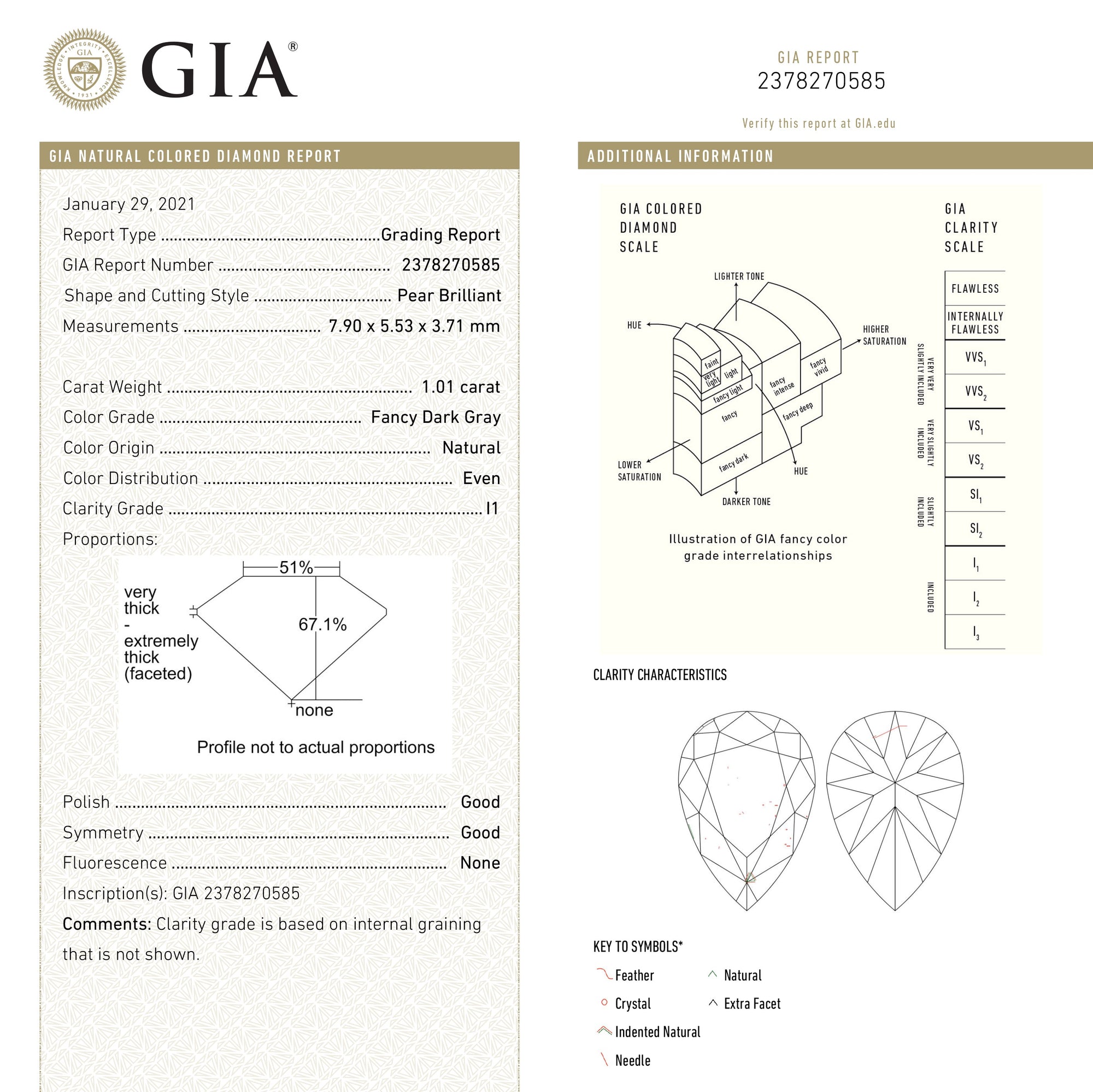 1.01ct 7.90x5.53x3.71mm GIA I1 Fancy Dark Grey Pear Brilliant 19544-01