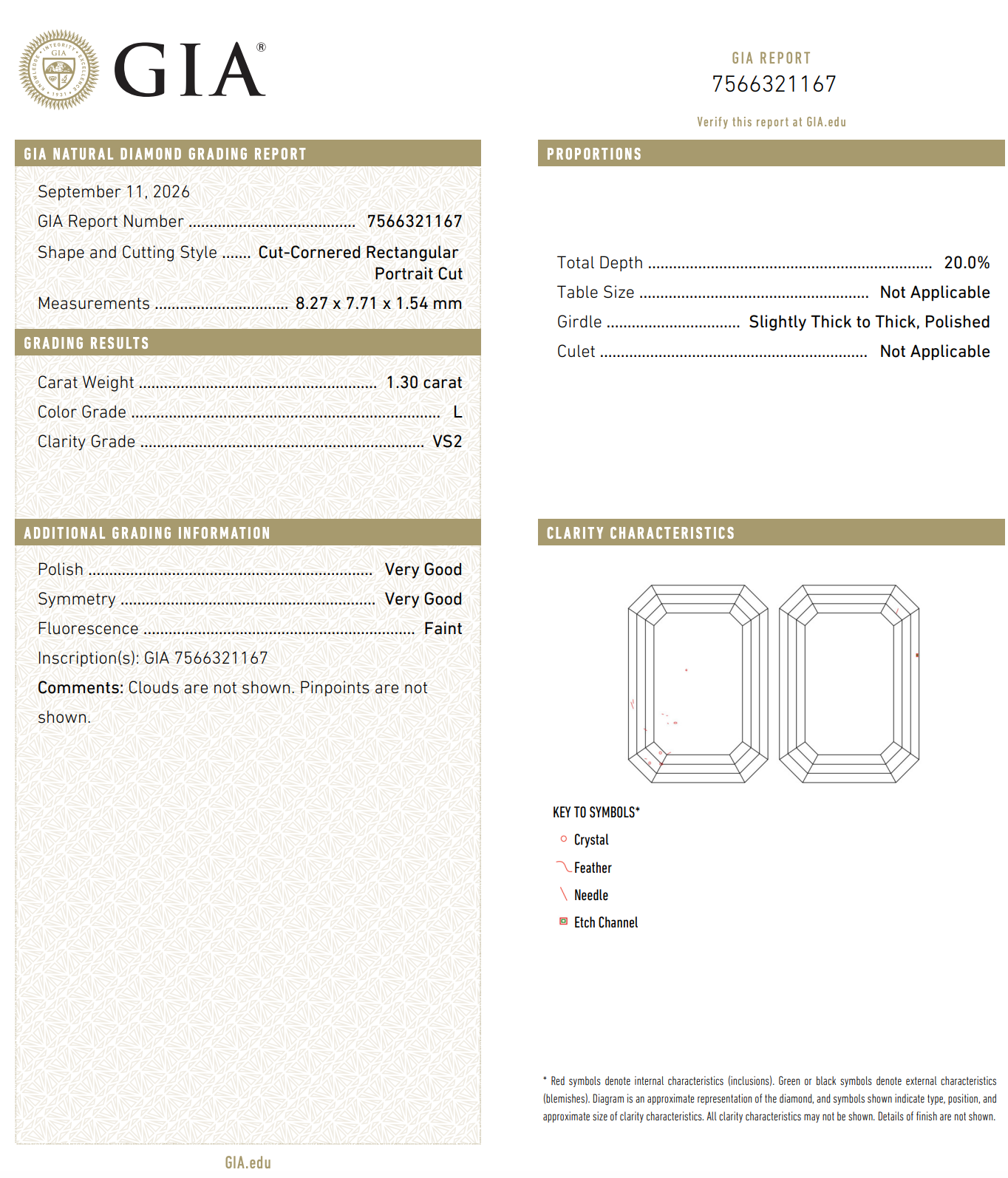 1.30ct 8.27x7.71x1.54mm GIA VS2 L Cut Corrner Rectangle Portrait Cut 28328-01