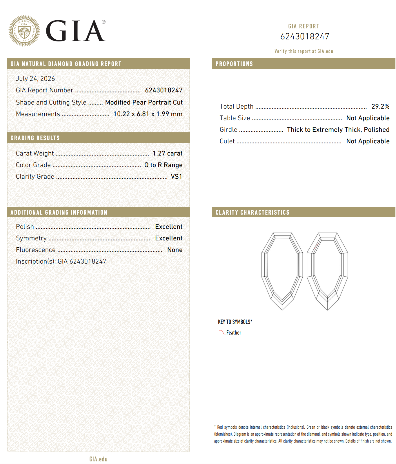 1.27ct 10.22x6.81x1.99mm GIA VS1 Q-R Geo Pear Portrait Cut 28329-01