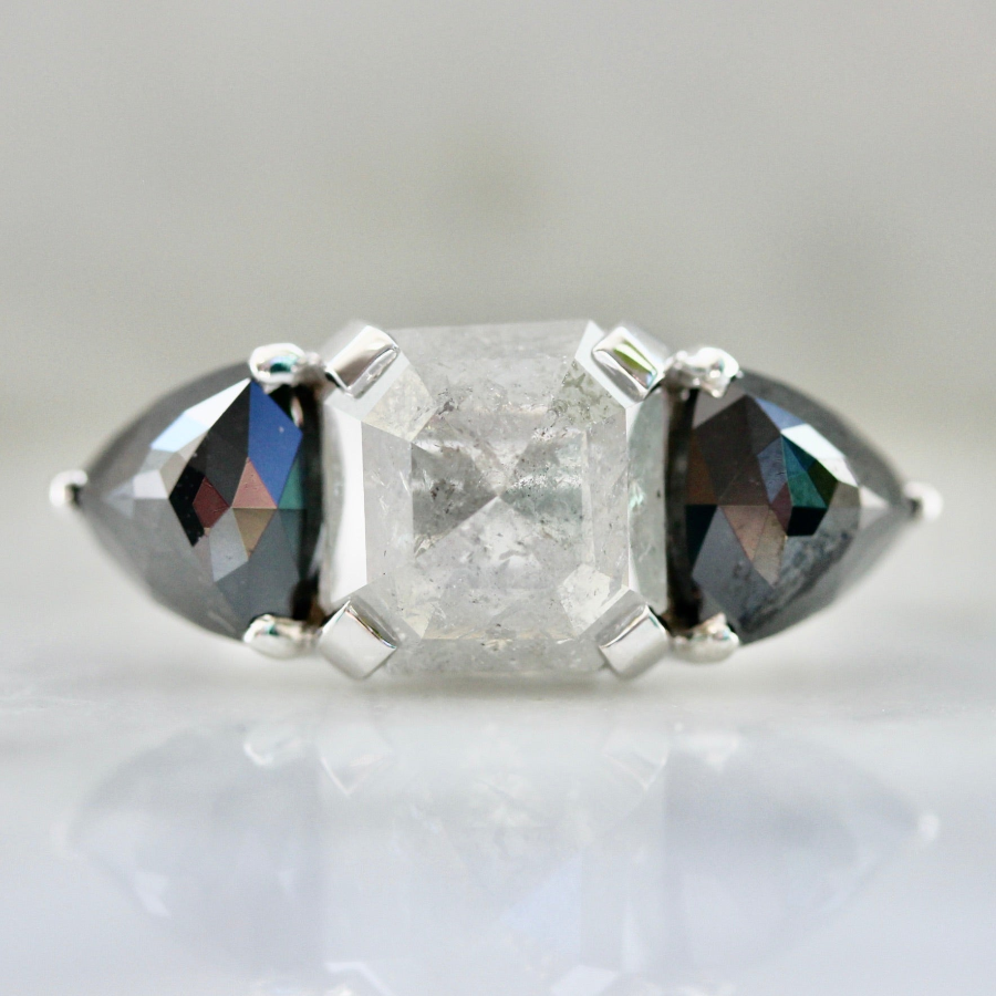 4522 - White Gold Icey Rose Cut Diamond and Black Diamond Rose Cut Ring