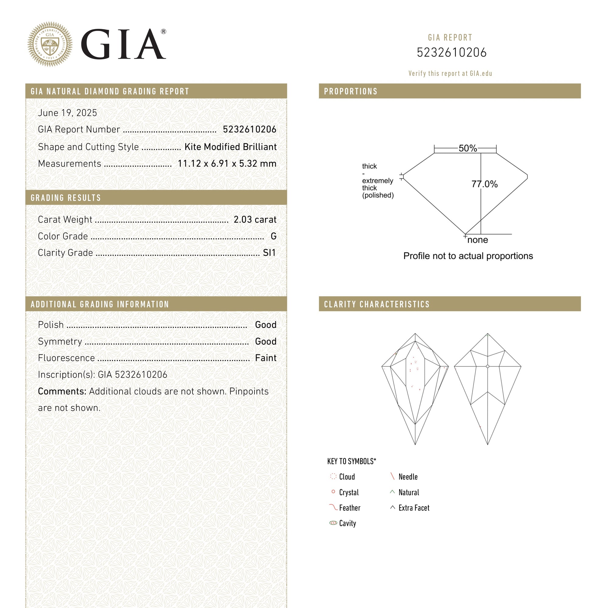 2.03ct 11.12x6.91x5.32mm GIA SI1 G Kite Brilliant 26662-01