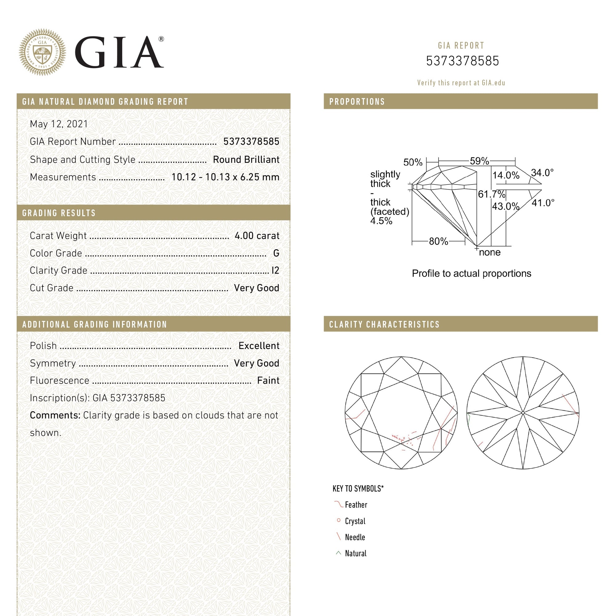 4.00ct 10.13x10.12x6.25mm GIA I2 Fancy White Round Brilliant 19263-01 - Misfit Diamonds