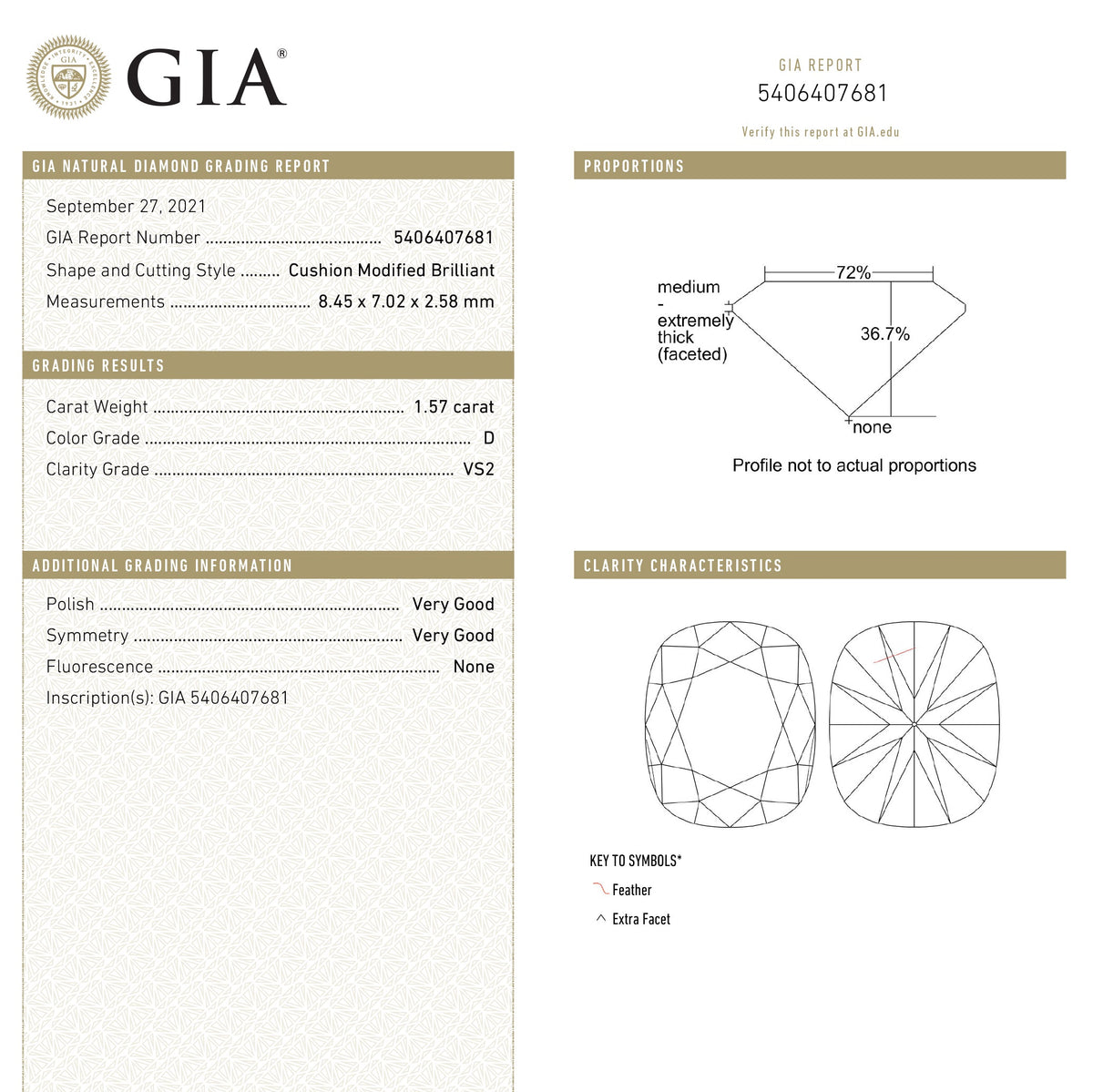 
            1.57ct 8.45x7.02x2.58mm GIA VS2 D Cushion Rosecut 20723-01