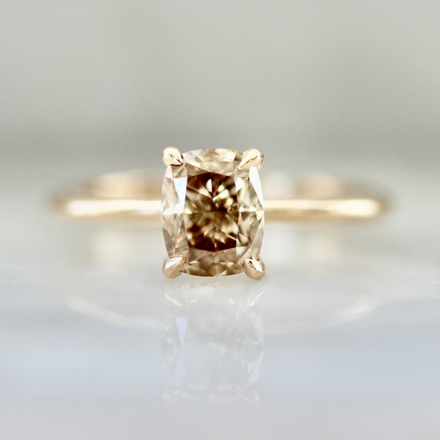 Cushion cut champagne diamond engagement ring in a custom solitaire setting by Gem Breakfast
