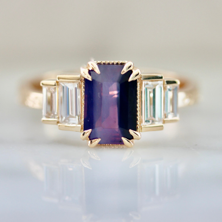 Custom bi-color purple sapphire engagement ring with baguette diamonds in an Art Deco setting by Gem Breakfast