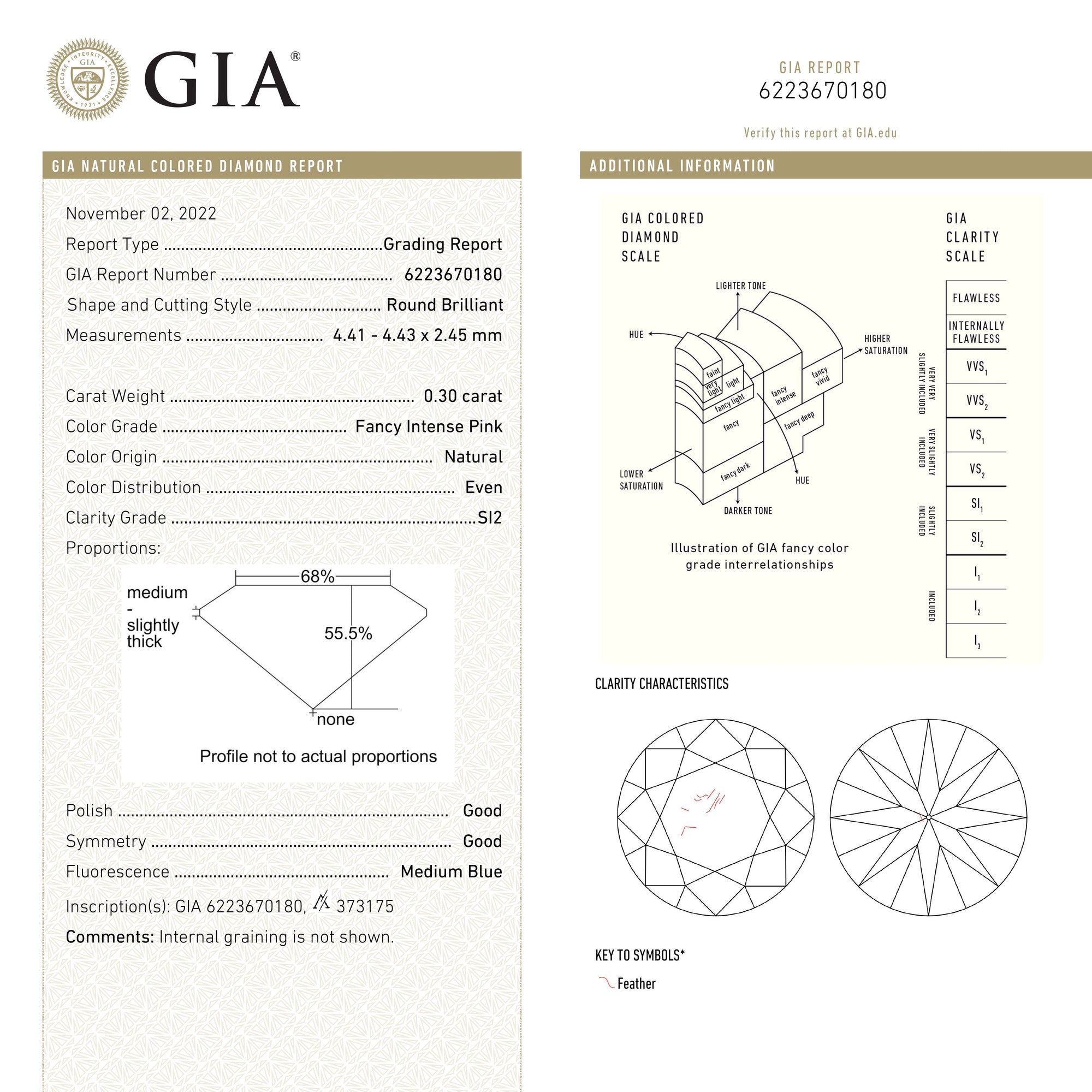 0.30ct 4.43x4.41x2.45mm GIA SI2 Fancy Intense Pink Round Brilliant 24144-01
