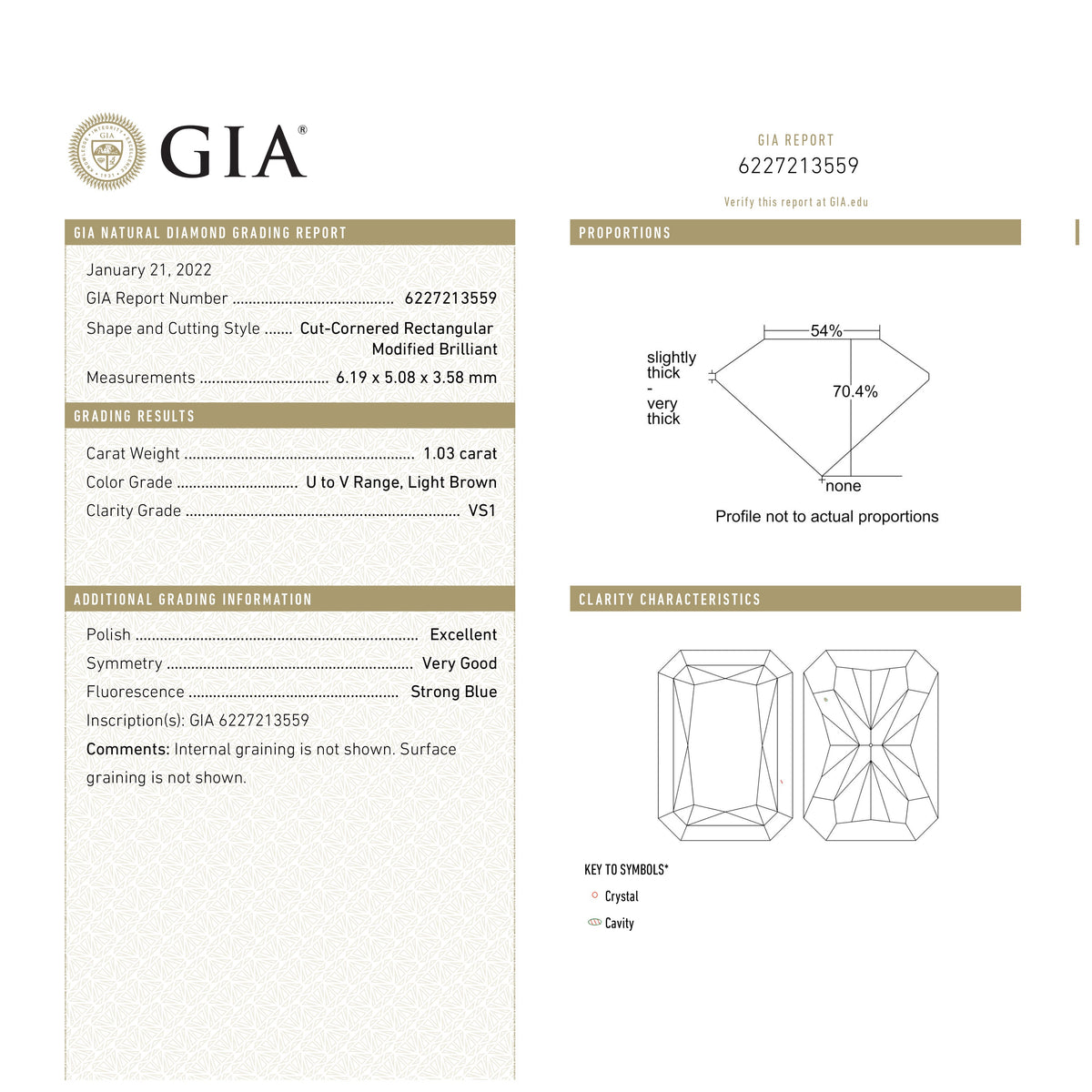 
            1.03ct 6.19x5.08x3.58mm GIA VS1 U-V Cut Corner Rectangle Brilliant 27058-01