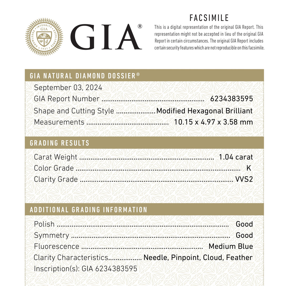 
            1.04ct 10.15x4.97x3.58mm GIA VVS2 K Hexagon Brilliant 25356-01