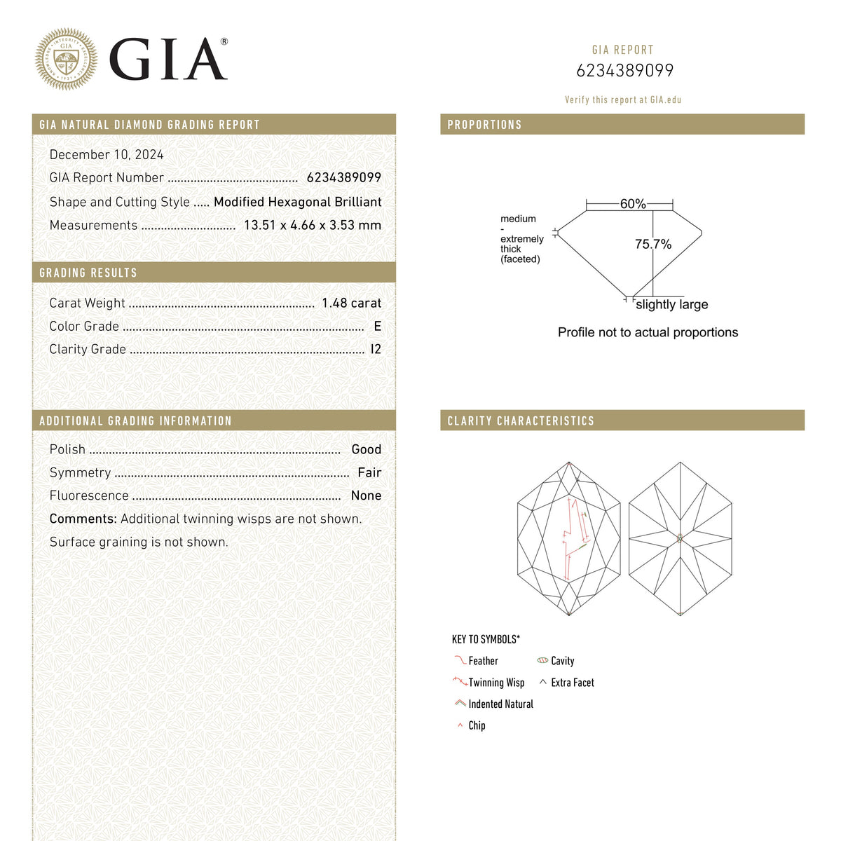 
            1.48ct 13.51x4.66x3.53mm GIA I2 E Hexagon Brilliant 25910-01