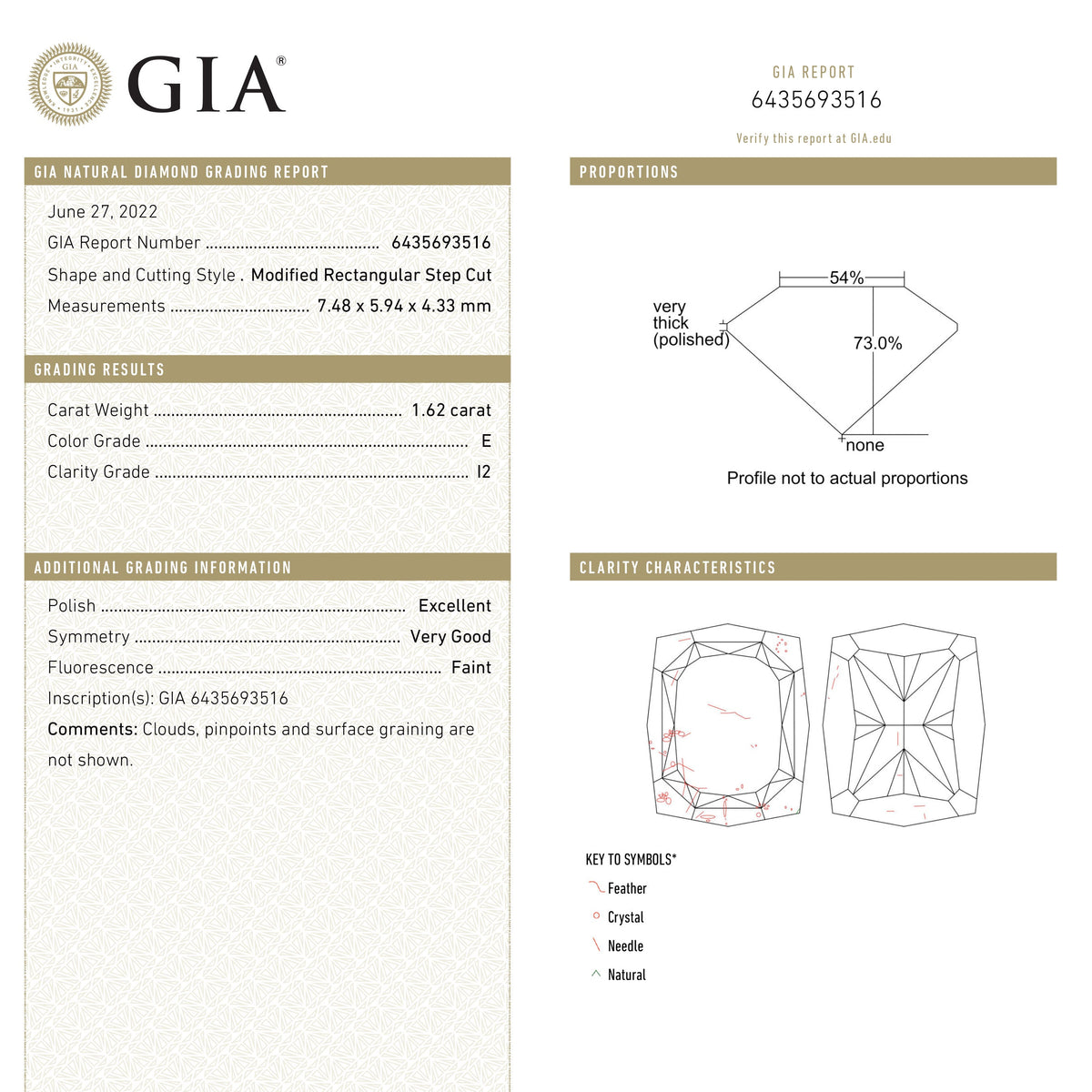 
            1.62ct 7.48x5.94x4.33mm GIA I2 E Geo Cushion Step Cut 24527-01