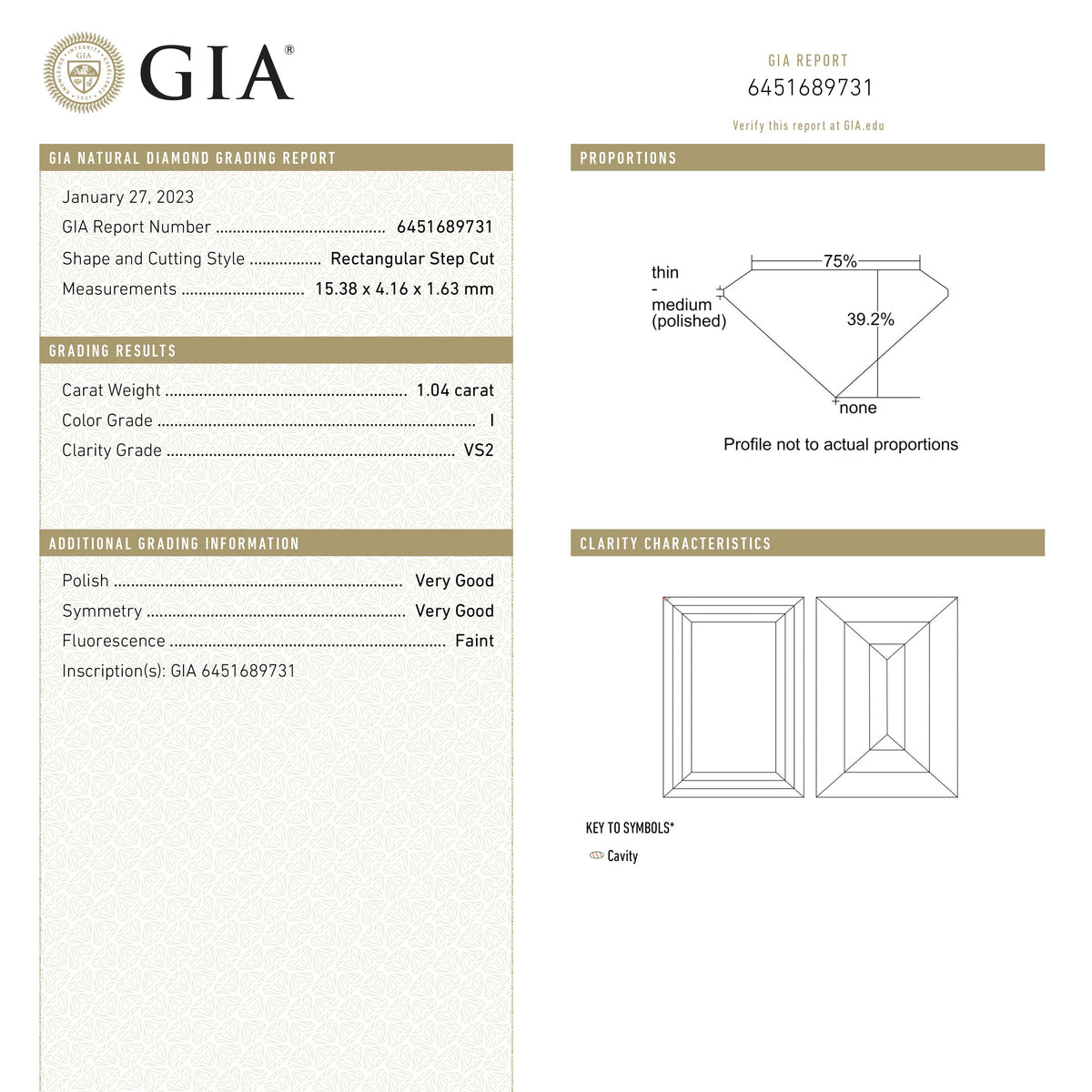 
            1.04ct 15.35x4.17x1.59mm GIA VS2 I Baguette Step Cut 23037-01