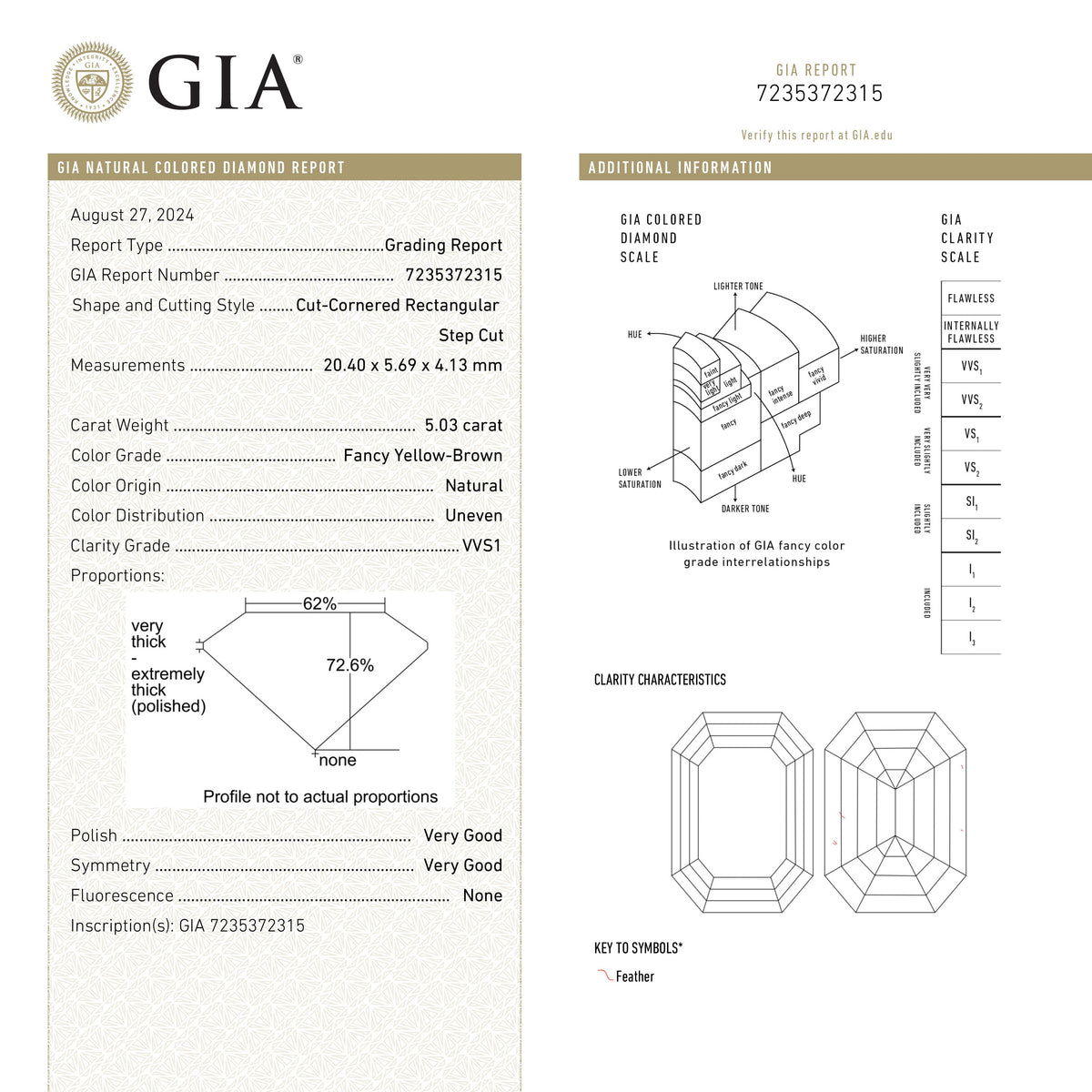 
            5.03ct 20.40x5.69x4.13mm GIA Type IIa VVS1 Fancy Yellow-Brown Cut Corner Rectangle Step Cut 25954-01