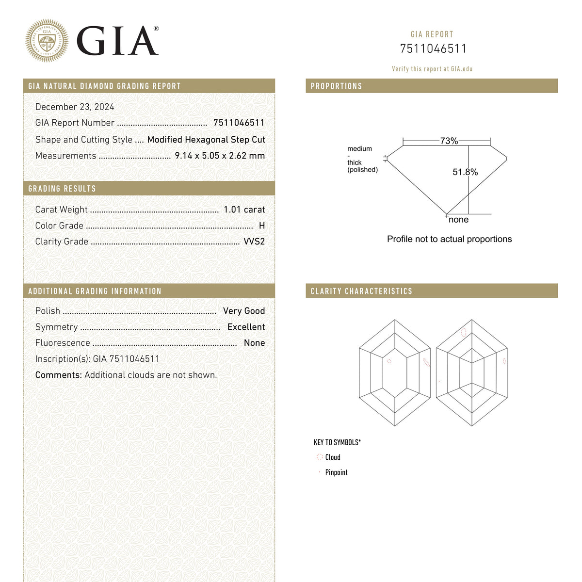 
            1.01ct 9.14x5.05x2.62mm GIA VVS2 H Hexagon Step Cut 25803-07