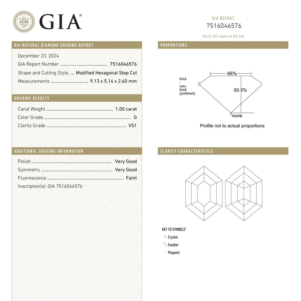 
            1.00ct 9.13x5.14x2.60mm GIA VS1 G Hexagon Step Cut 25803-04