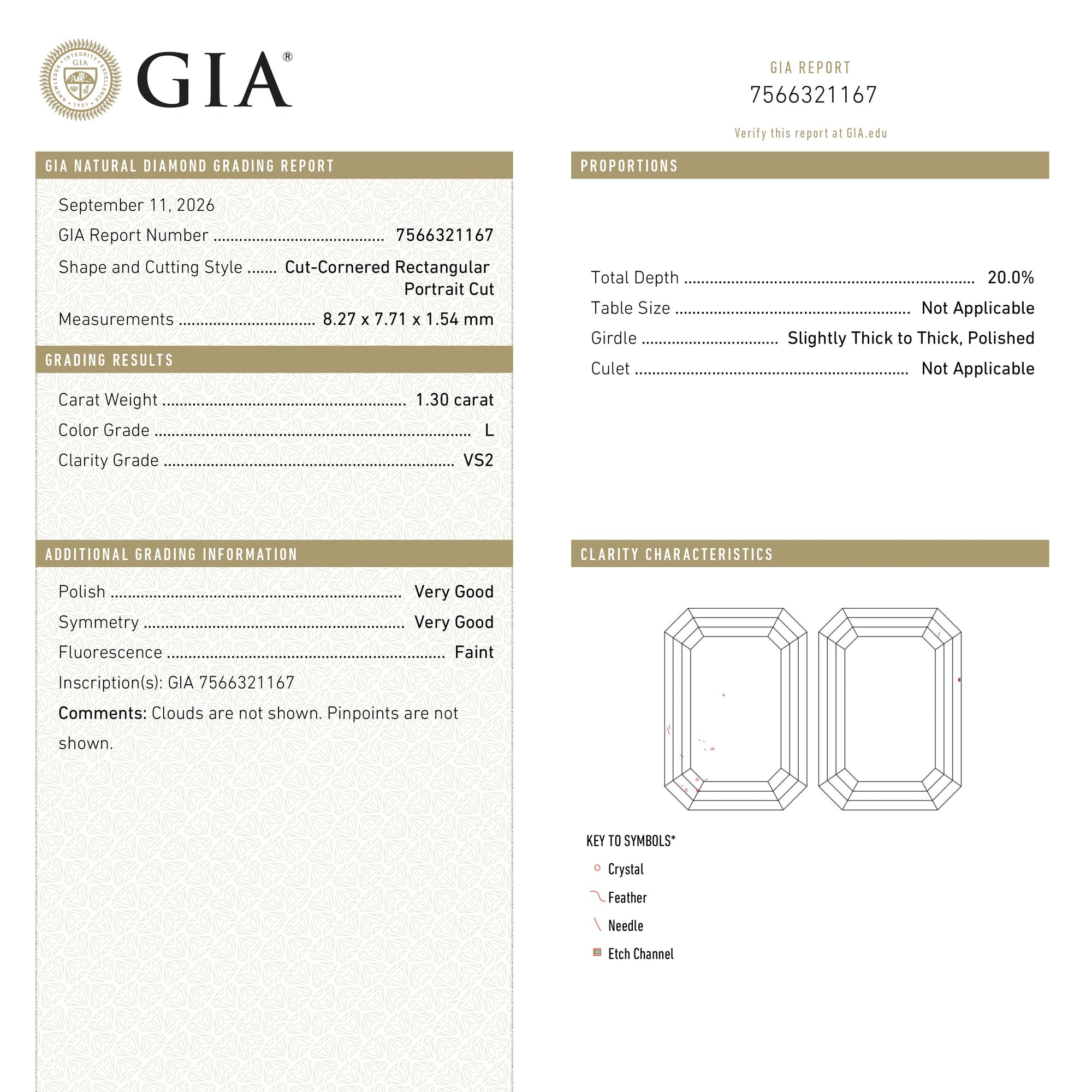1.30ct 8.27x7.71x1.54mm GIA VS2 L Cut Corner Square Portrait Cut 28328-01
