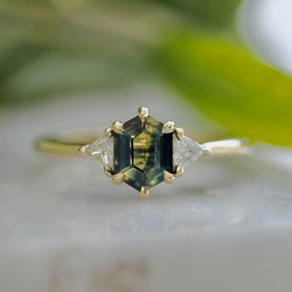 Afternoon Tea Green-Yellow Parti Hexagon Cut Sapphire Ring