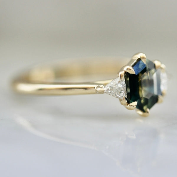 Afternoon Tea Green-Yellow Parti Hexagon Cut Sapphire Ring