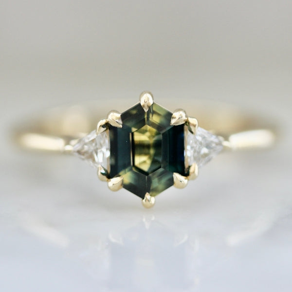 Afternoon Tea Green-Yellow Parti Hexagon Cut Sapphire Ring