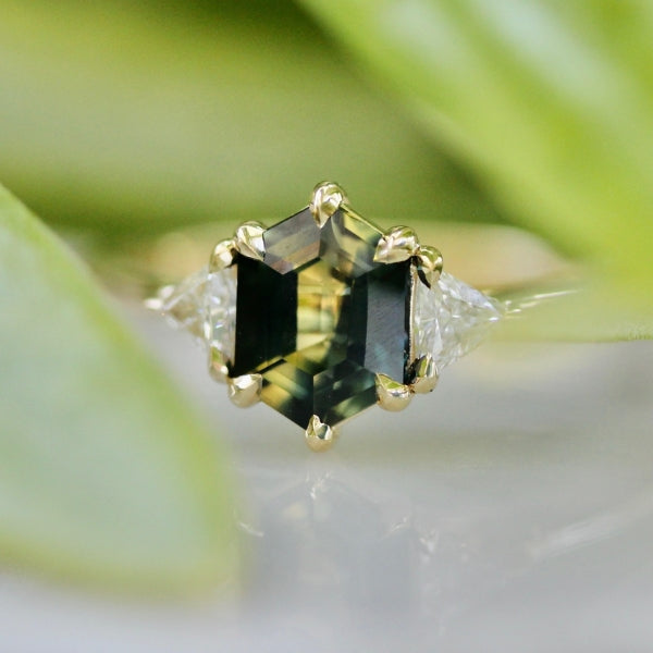 Afternoon Tea Green-Yellow Parti Hexagon Cut Sapphire Ring