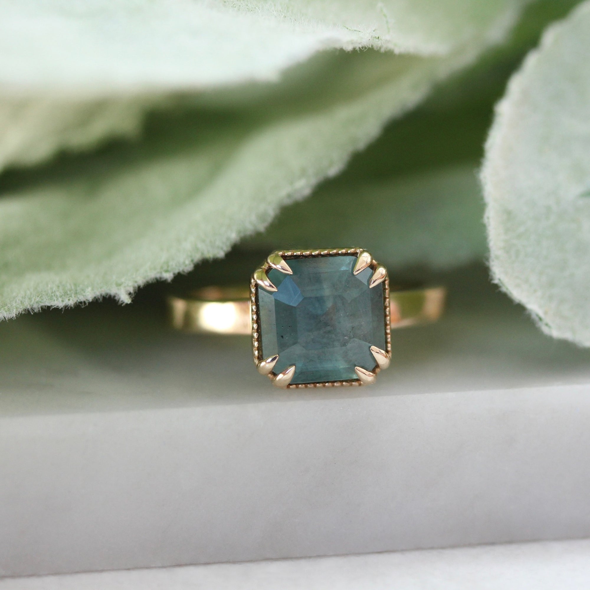 Green Asscher Cut Sapphire Ring
