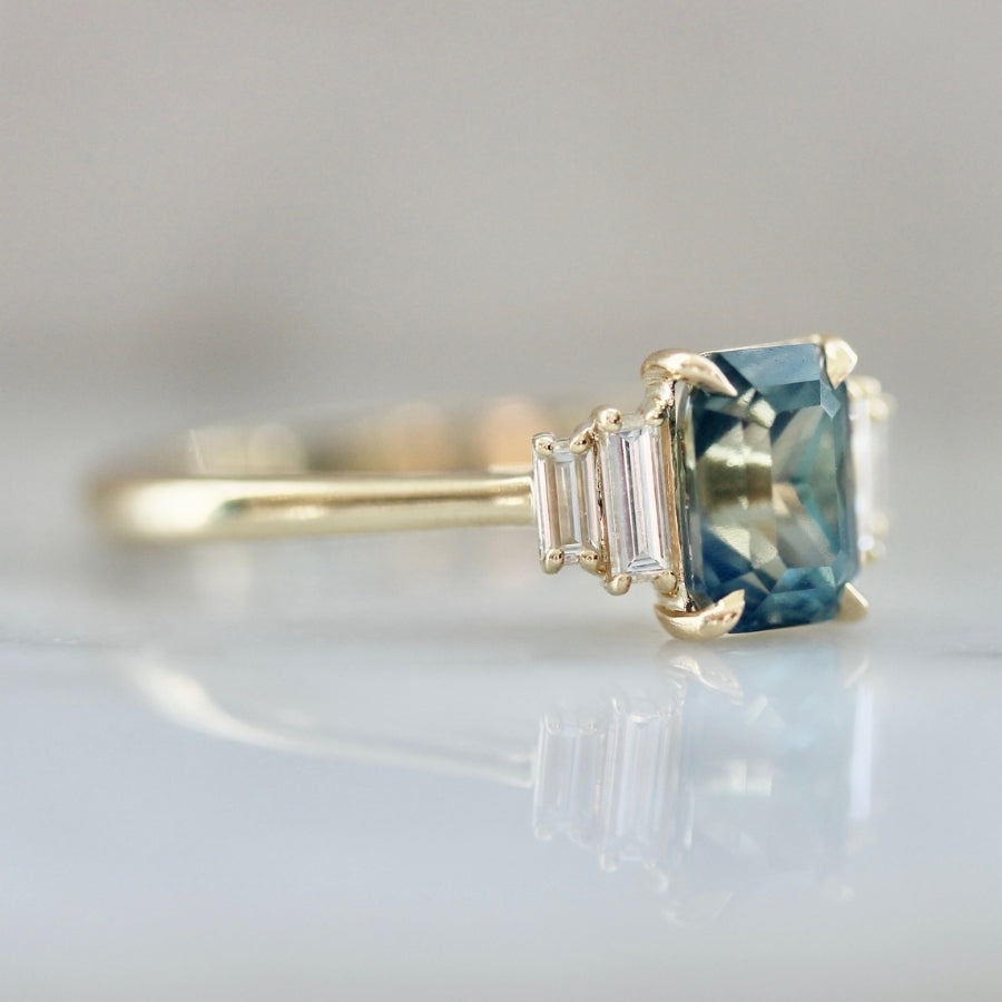 Bend & Snap Teal Radiant Cut Opalescent Sapphire Ring