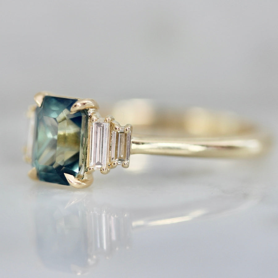 Bend & Snap Teal Radiant Cut Opalescent Sapphire Ring