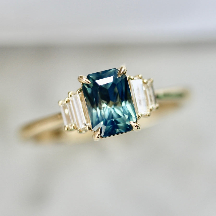 Bend & Snap Teal Radiant Cut Opalescent Sapphire Ring