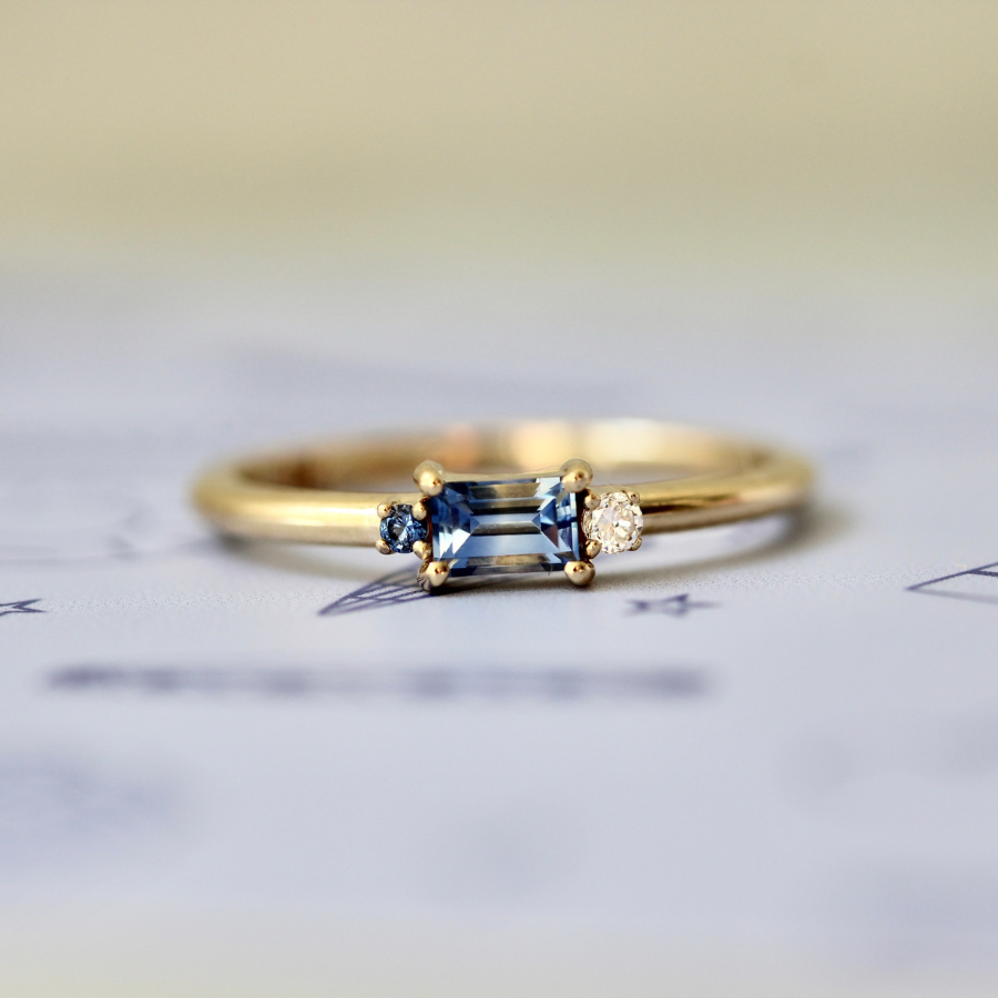 Bi-Color Blue Sapphire Baguette Ring