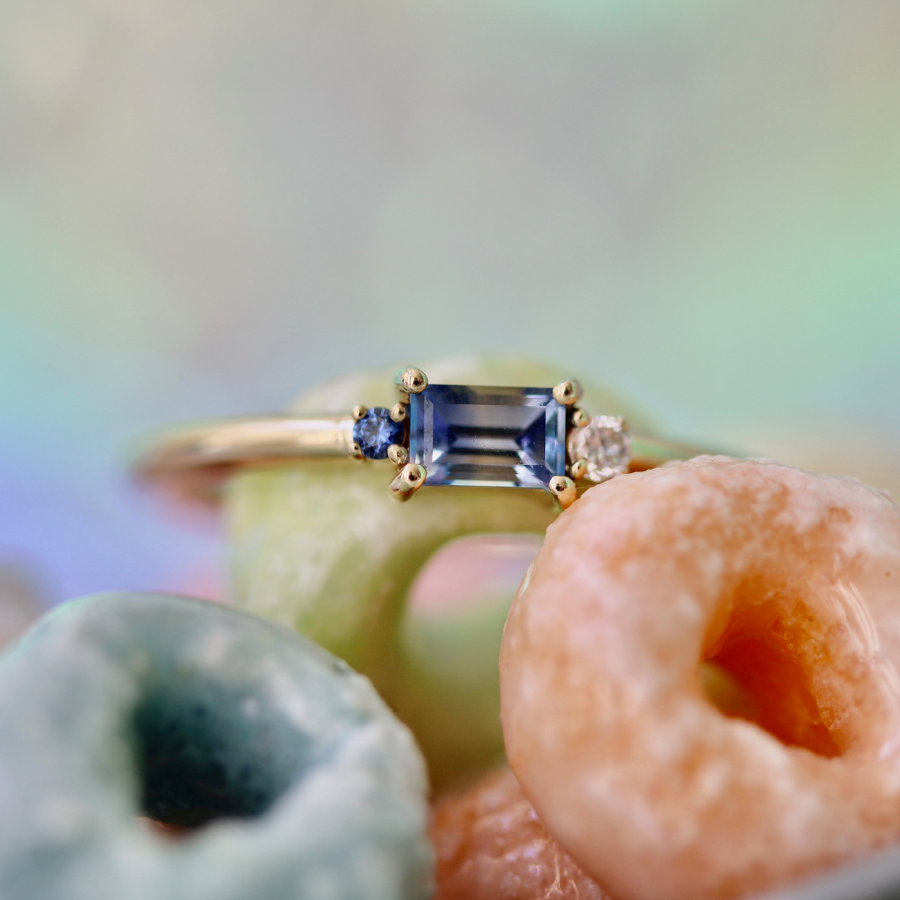 Bi-Color Blue Sapphire Baguette Ring