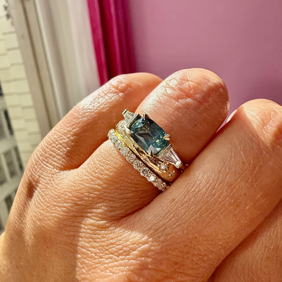 
            Blue-Green Cushion Cut Sapphire Ring