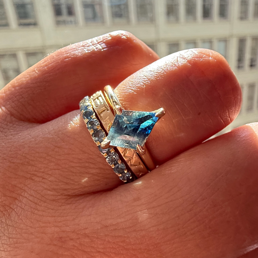 
            Blue-Green Kite Cut Sapphire Ring