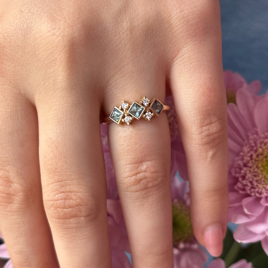 Blue-Green Princess Cut Sapphire & Diamond Ring