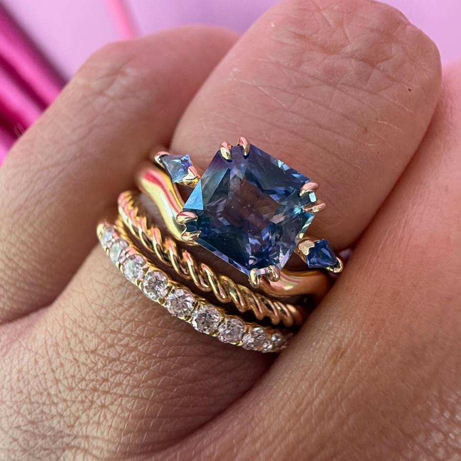 
            Blue-White Radiant Cut Sapphire Ring