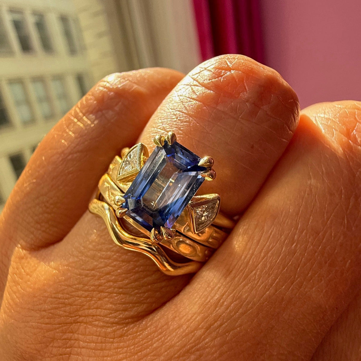 
            Blue Sapphire Ring with emerald cut stone