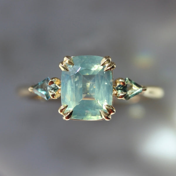 Coney Island Green Cushion Cut Opalescent Tourmaline Ring