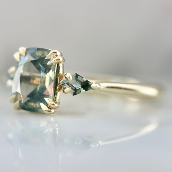 Coney Island Green Cushion Cut Opalescent Tourmaline Ring