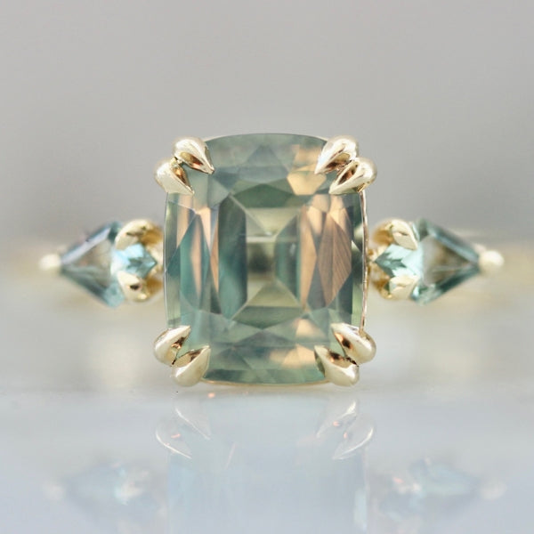 Coney Island Green Cushion Cut Opalescent Tourmaline Ring